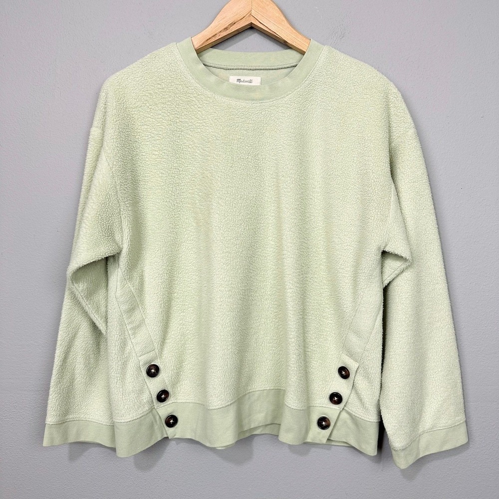 Madewell Sweatshirt Womens Size S Light Green Sherpa Fleece Button Detail Top
